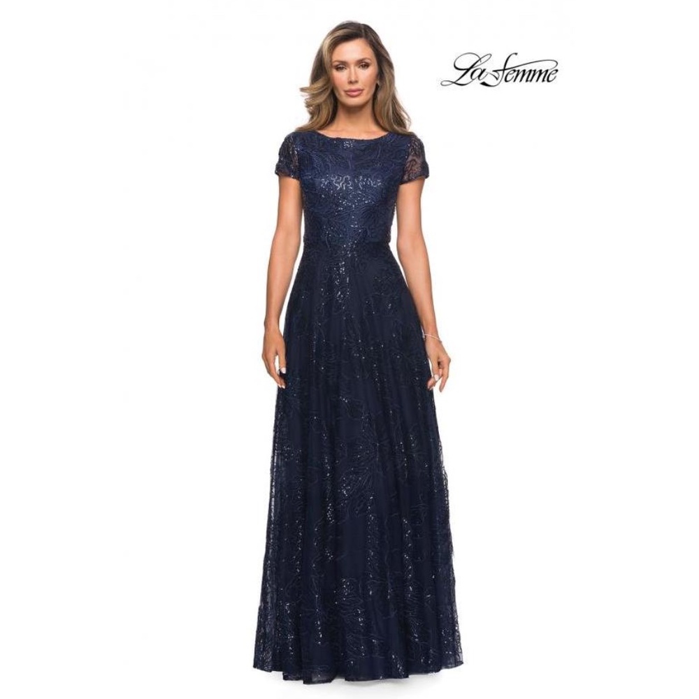 La Femme Midnight Blue Sparkle Maxi Dress